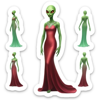 reptilian green alien woman, in long slim pastel red formal party satin dress with gradient shiny sparkling dark red, full figure, full body sticker
