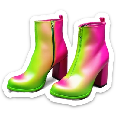 Realistic isolated top view of a pair of hot pink,and lime green ombre shiny vinyl Disco style zippered vintage chunky heel ankle bootie boots.  sticker
