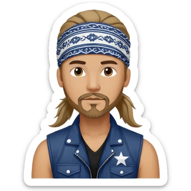 Guy wearing navy blue and white patterned bandana as a headband with goatee and long hair atop his head in ponytail, wearing white tshirt with black biker vest sticker