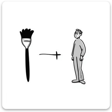 A paintbrush morphing into a silver metal human figure sculpture, representing artistic identity, with a shiny silver finish sticker