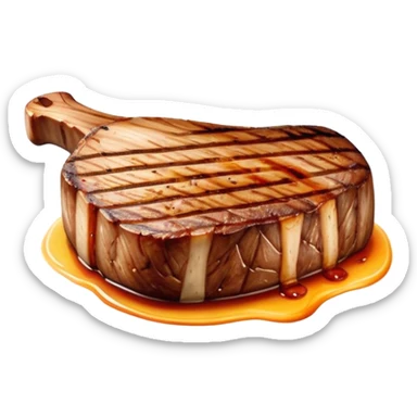 Cinematic thick-cut scotch t-bone steak, perfectly seared with grill marks, a grilled center, rich and savory, warm glow, sizzling and mouthwatering, highly detailed and appetizing. sticker