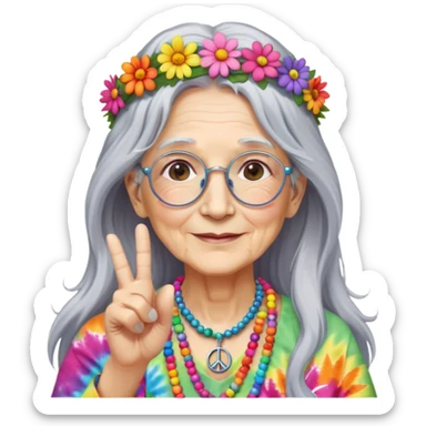 Elderly woman with long gray hair, peace sign necklace, colorful tie-dye clothing, round glasses, flower crown, hippie grandma sticker