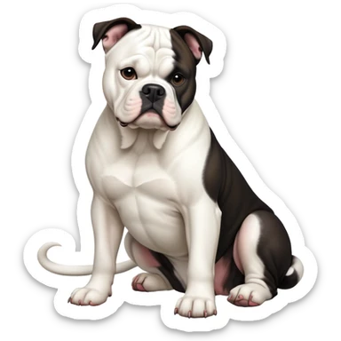 cinematic-[american bulldog]-realistic-full-body-sitting-emoji,-tail-resting-loosely-beside-its-paws,-head-tilted-dramatically,-sleek-[pied black]-fur,-simplified-yet-realistic-focused-features,-highly-detailed,-glowing-with-an-almost-sarcastic-glow sticker