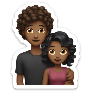 Girl with raven wolfcut hair and boy with brunette wavy hair hugging sticker