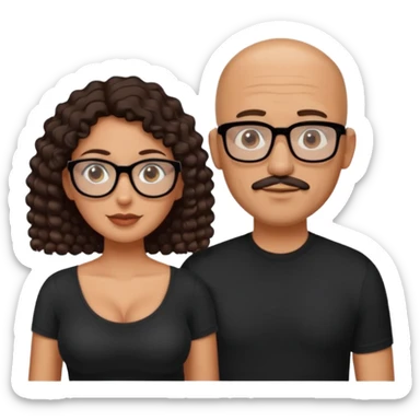 A picture of a tanned couple. the man is a Mexican man with tanned skin, with a bald hair cut, short beard and wearing a black shirt, no glasses. the woman is wearing rectangle shaped glasses, with long curly dark brown hair and with big boobs  sticker
