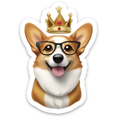 Tri-colored Corgi with a crown and round glasses sniffing the screen sticker