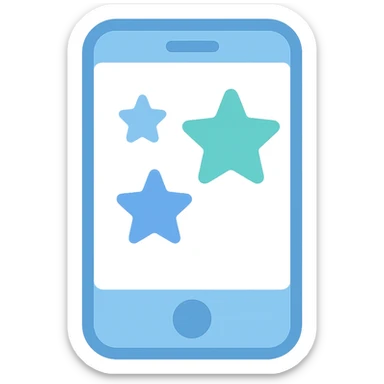 Smartphone icon with three stars inside the screen, flat emoji style, outline with blue and turquoise colors, white background sticker