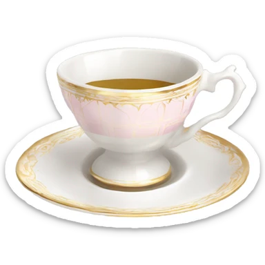 White regency tea cup on a little saucer with gold and light pink patterns sticker