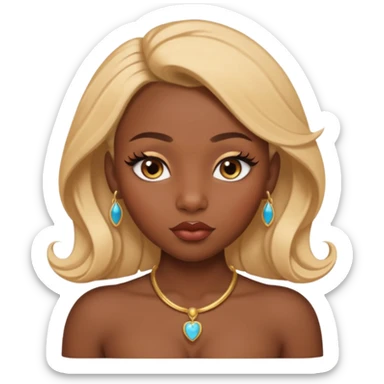 darkskin female with eyebrows that are naturally shaped and frame eyes well, eyes that are almond-shaped with defined lashes. nd lips are full with a defined cupid’s bow, add also a septum piercing that adds an edgy, stylish flair. a middle-part, honey blonde bust-down with laid baby hairs sticker