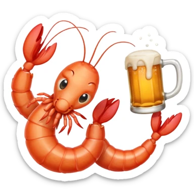 Design a trendy emoji-style illustration of two shrimp peeking from behind text, only half of their bodies visible, curious and playful expressions.
One shrimp holding a beer mug, the other pointing forward.
 sticker