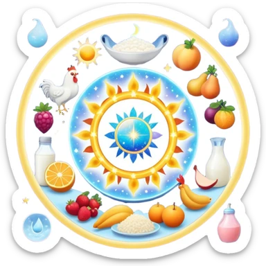 Magical daily fitness nutrition schedule with ethereal water bottle, celestial sun, enchanted chicken and rice plate, mystical gym equipment, glowing yogurt, sparkling fruits, and dreamy sleep symbol, all arranged in a cosmic circle with starry aura sticker
