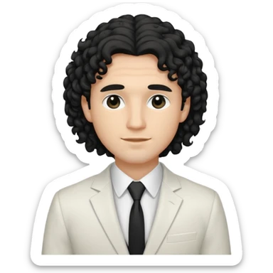 Cockasian guy with black long curly hair thats on his face and black eyes wearing a White simple suit guy  sticker