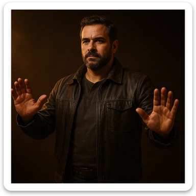 hyper realistic 4K cinematic image of a man with a powerful and protective presence, standing tall with a confident and calm look, warm dramatic lighting, open arms or shielding gesture sticker