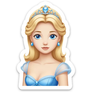 Cinematic Realistic Comical Cinderella Portrait, with every detail rendered realistically—from the soft, smooth texture of her fair skin to her artfully styled golden-blonde hair. Her bright blue eyes are wide with playful disbelief, and her expression carries a touch of whimsical humor while retaining elegant poise. Her classic ball gown, detailed with rich fabric textures and natural shadows, catches the light in a way that blends refined beauty with a hint of cheeky mischief, creating a striking, lifelike portrayal. sticker