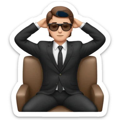 white man with brown hairs in formal suit wearing sunglasses resting with hands behind head sticker