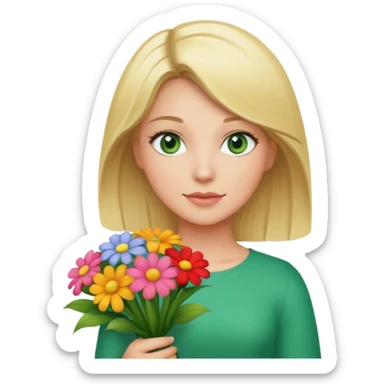 blonde woman with geen eyes holdingg a big bouquet of flowers  sticker