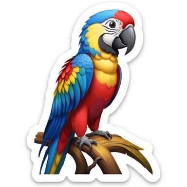 cinematic-macaw-realistic-full-body-standing-emoji,-vibrant-feathers-glowing-with-rich-reds,-blues,-and-yellows,-head-tilted-dramatically,-curved white-beak-gleaming,-piercing-dark-eyes-exuding-confidence,-simplified-yet-realistic-focused sticker