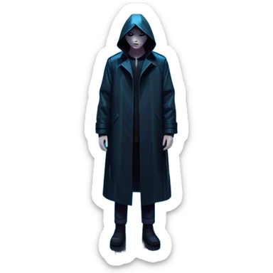 Movie Poster: A tense, gripping design with dramatic lighting. Include a mysterious figure in a dark coat standing in a rain-soaked alley, with glowing neon signs in the background. Shadows loom, and ominous shapes emerge from the mist. Suspenseful and cinematic atmosphere. Transparent background. sticker