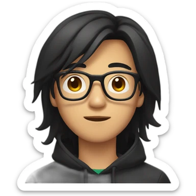 Asian Guy with long black hair and square glasses and black hoodie sticker