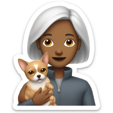 White, bald man holding a grey, small sphinx cat and woman with dark, straight hair holding orange, fluffy Pomeranian dog sticker