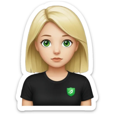 Girl with green eyes, blonde with straight medium length hair, and front buckles to the chin, in a black skims t-shirt sticker