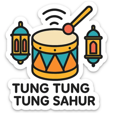 colorful icon of a drum with sound waves and Ramadan lanterns, representing 'tung tung tung sahur' sticker