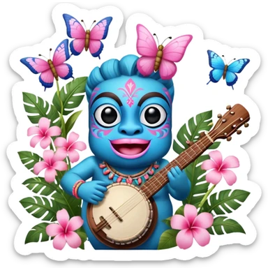 Pixar style little Blue and pink tiki singing with a butterfly, banjo, and tropical flowers, ultra detailed and lifelike imagery, realistic sticker