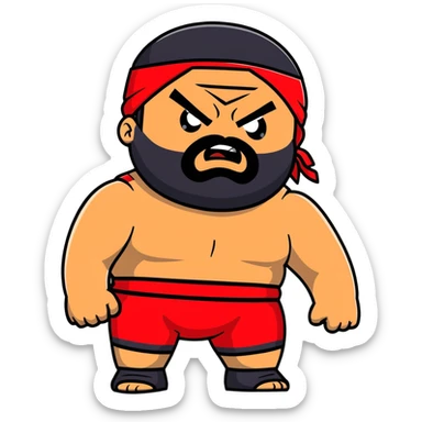 White skin fat guy with prominent black durag, black beard, black eyes in a red and black wrestling singlet with angry face sticker