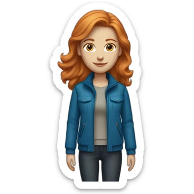 Straight, ginger hair and blue eyes woman with a Canadian jacket sticker