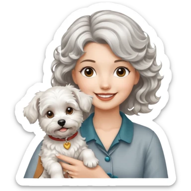 silver, short, wavy-haired with loose curls, smiling pretty lady holding a westie dog and a lhasa apso dog sticker