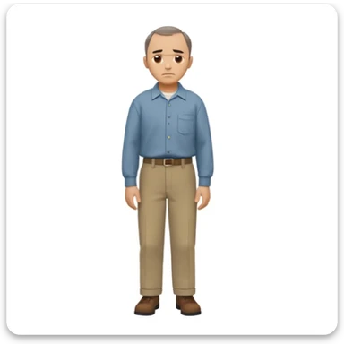 Carl from Sling Blade, serious expression, recognizable features, neutral background, full body, chin sticking out, slouching posture, no glasses, shirt with collar,  side view, the 4th image is good. show his entire body, he is standing. we see him from the side. Not frontal view. Side view sticker