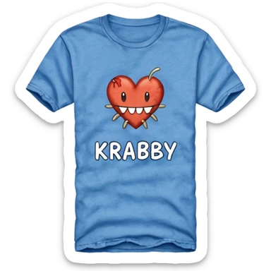 Blue shirt with the text I love KRABBY. And the shirt has holes sticker