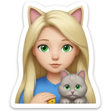 blonde girl with long blonde hair and blue eyes with chubby gray cat sticker