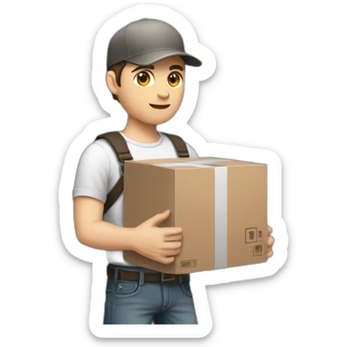 Pale skinned fit Man with dark brown hair in a black cap, gray jeans and brown polo T-shirt keeping a pasted with tape white box into his hands sticker