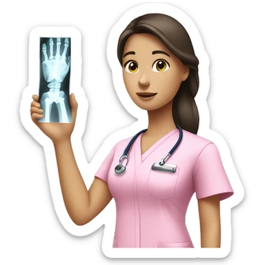 Brunette girl in pink scrubs looking at an arm X-ray  sticker