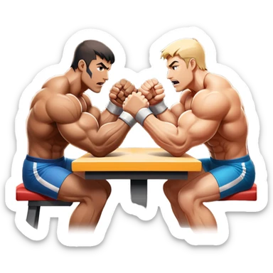 Two strong competitors locked in an intense arm wrestling match, muscles tensed as they battle for victory. The table is well-lit, showcasing their focused expressions and powerful arm grips. The background features a competitive arena with a cheering crowd. Transparent background. sticker