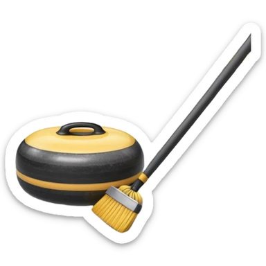 An icon showing a detailed close-up of a curling stone sliding across the ice, with a broom in motion beside it. The background features an indoor stadium with cheering spectators on the stands. Transparent background captures the strategy and focus of curling. sticker