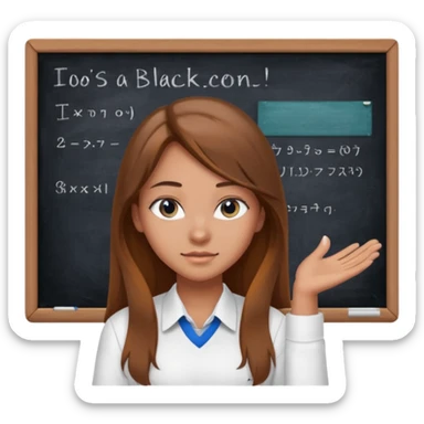 high school class room with a pretty female high school student with long brown hair, blue eyes sitting in front of the blackboard sticker