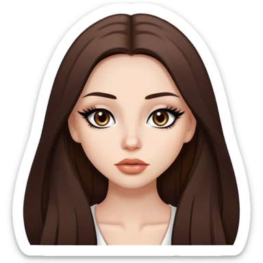 pretty baddie, brown straight hair, cute lips, pale skin, long hair, dark brown eyes, bold black eyeliner sticker