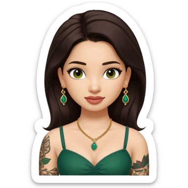 pretty bratz genmoji that looks like tamannah bhatia (bollywood actress), wearing a dark green sweetheart neckline top, dark brown hair, light makeup, no necklace, dangly earrings, side hair part, dark brown eyes, with full tattoos and neck tattoo big sticker