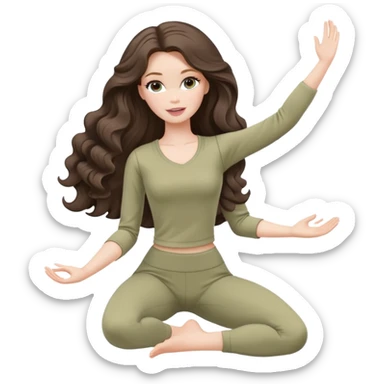 A white Barbie girl with long dark brown wave hair in a pale olive clothes doing stretching  sticker