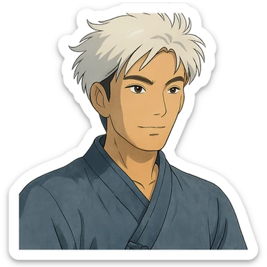 white haired handsome Chinese man in ghibli style, detailed and expressive sticker