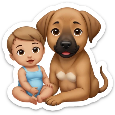 Black mouth cur sitting next to a baby with dimples and brown hair sticker