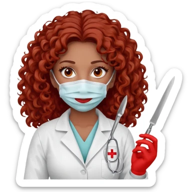 Scary woman scalpel in hand, evil surgeon sexy surgeon clothes.  She has red eyes. Her  brown long curly hair. Wears sexy doctor outfit with red gloves. make her hair free and brown but have mouthy  wear  mask  to hide. Wears white surgeon jacket and  has lon* brown hair. sticker
