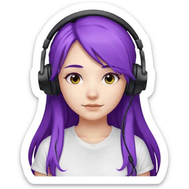 Gamer Girl with black Headset + long Purple Hair, white T-shirt sticker