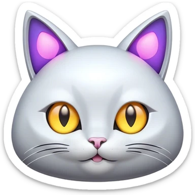 Design a simple, cute spaceship with a smooth, rounded shape. Add a 'cat-like face' on the front, with triangular shapes for ears, glowing lights for eyes, and a small curved line for a smile. Give it a playful and friendly personality. Use a plain background. sticker