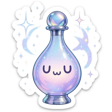 prabangus eliksyro buteliukas, lašo forma su mielu 'UwU' veiduku, pastelinė spalva, sidabrinės ir holografinės detalės, daug magiškų efektų, labai mažas kaklelis, vientisas dugnas, skaidrus fonas, buteliukas plūduriuoja ore, be pagrindo ar šešėlio, modernus, kolekcijai tinkamas sticker