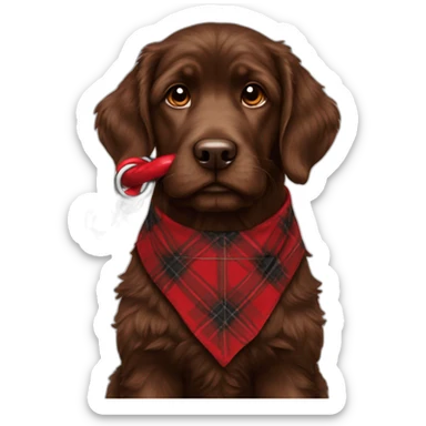 A chocolate colored doodle wearing a red and black flannel handkerchief holding his leash in his mouth sticker