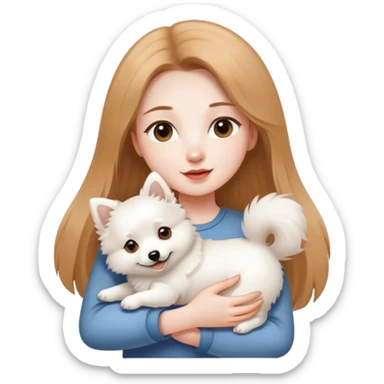 long light brown hair girl with pale skin holding one white Japanese spitz dog in her arms sticker