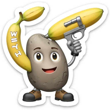 a rock with a banana gun saying why sticker